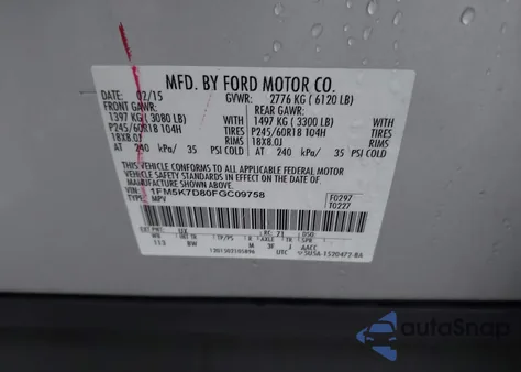 2015 Ford Explorer Xlt from USA, damaged, VIN 1FM5K7D80FGC09758